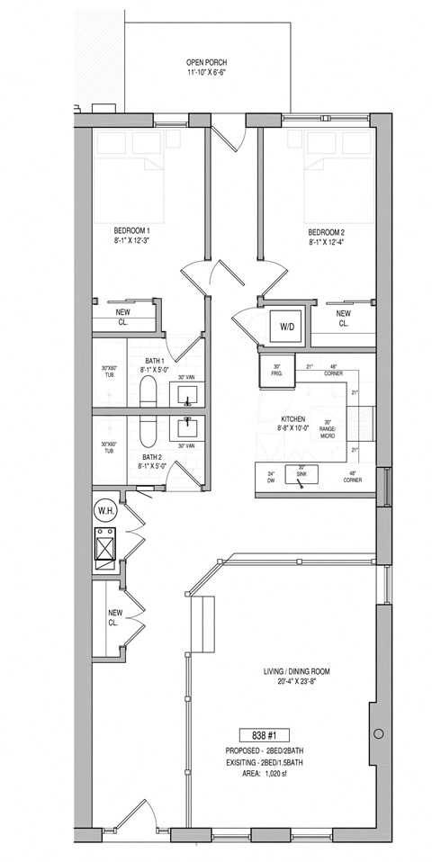 Floor plan for 2 beds, 2 baths, 955 sqft